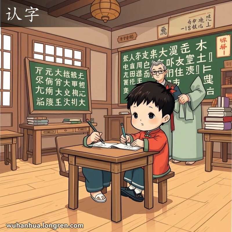 一位孩子在老式教室里专心学习写字，老师在旁指导，背景有木质地板和大窗户