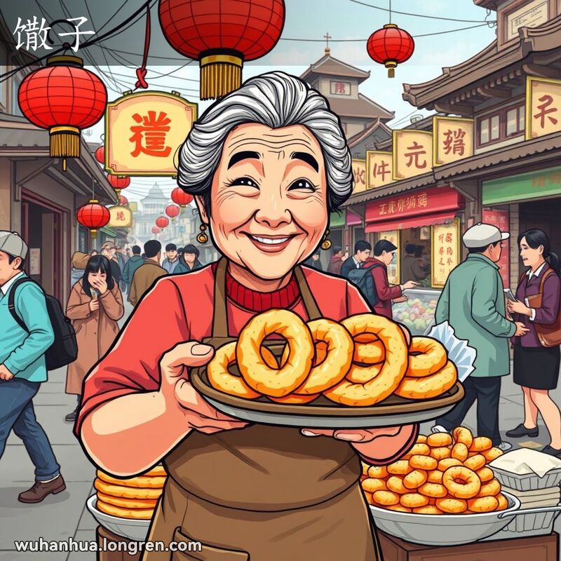 武汉街头小吃摊，老妇人卖油炸面食馓子，背景有红灯笼和传统书法招牌，其他小吃摊和行人