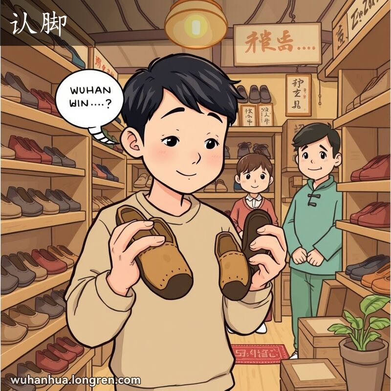 一位武汉市民在小鞋店里试穿布鞋，手持两只鞋比较，背景有友善的店主和温馨的店内装饰