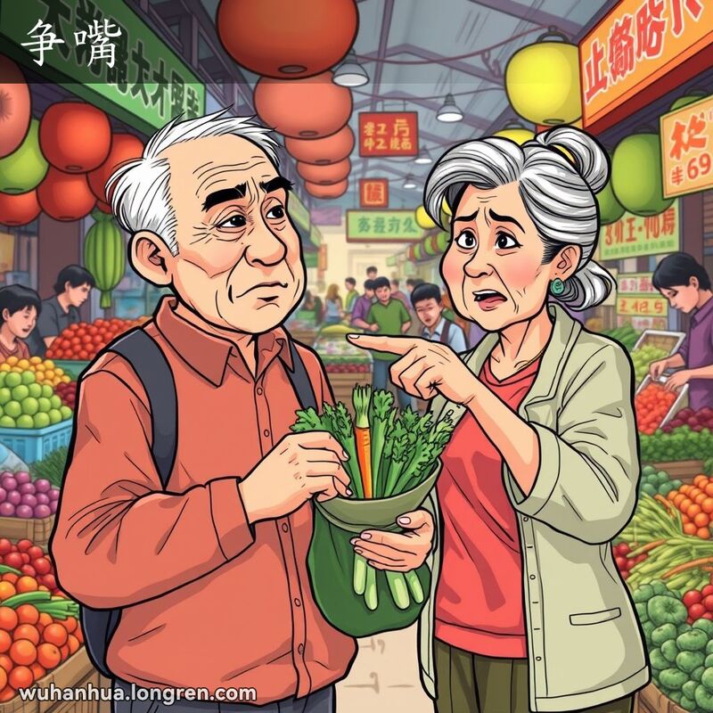 两位武汉市民在菜市场中争吵，男子手持蔬菜，女子指责，背景是繁忙的市场景象