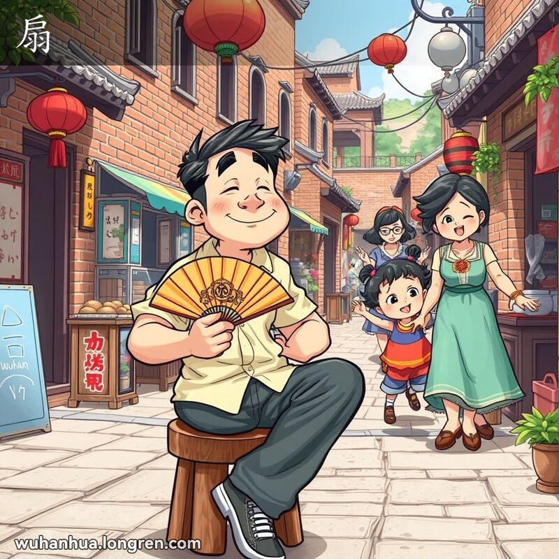 武汉夏日街景，男子用折扇扇风，背景中女子鼓励孩子调皮玩耍