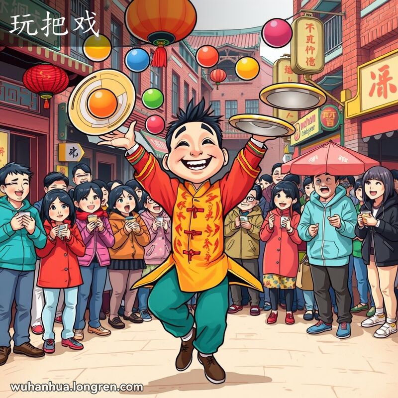 一位武汉街头杂技演员正在表演各种技巧和特技，背景是热闹的武汉老街和兴奋的观众。