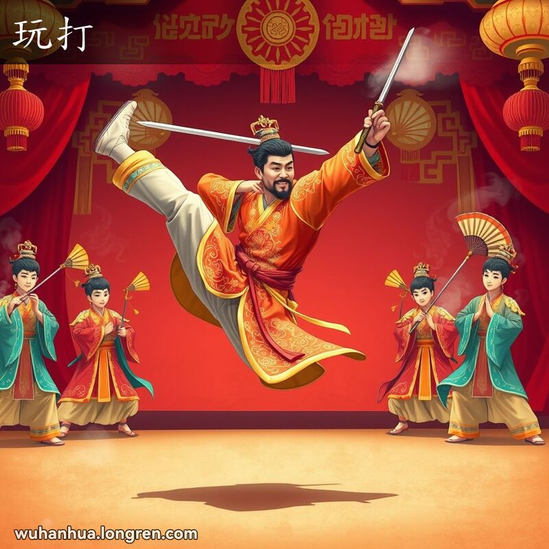 一位身穿华丽戏服的男性戏曲演员在传统戏曲舞台上表演武打动作，背景中其他演员也在进行同步的武打表演。