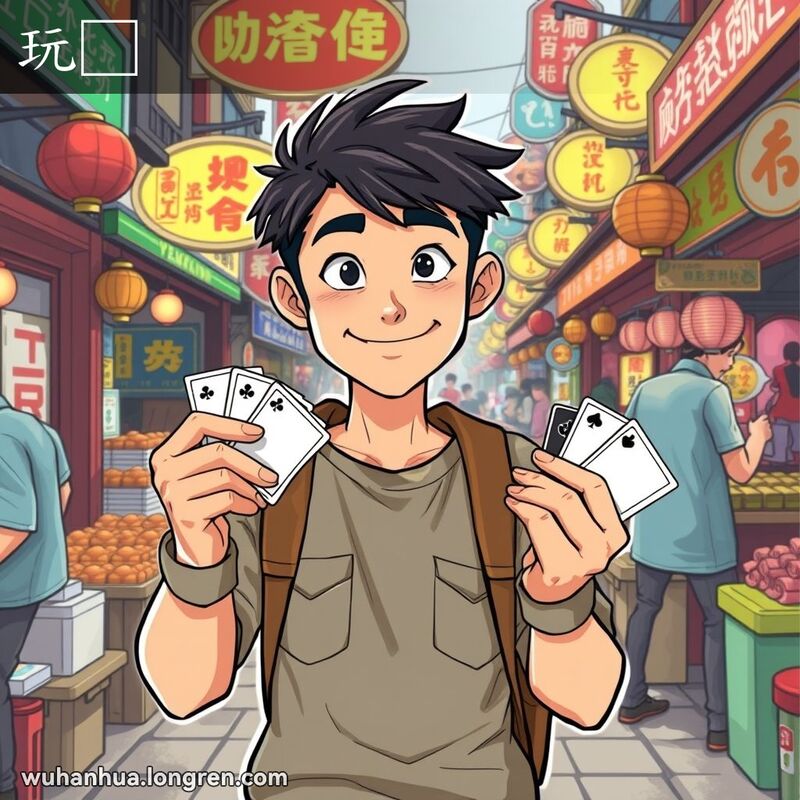 一位年轻人在武汉街头市场中，手持一副牌和一个隐藏的小装置，脸上带着狡黠的笑容，试图通过巧妙的手段在游戏或情境中占便宜，背景是热闹的市场摊位、色彩鲜艳的招牌和忙碌的小贩