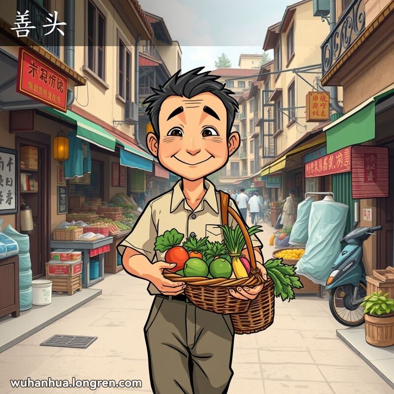 一位老实憨厚的武汉市民走在老街上，手提一篮蔬菜，脸上带着善良和真诚的表情，背景是热闹的市场和老建筑。