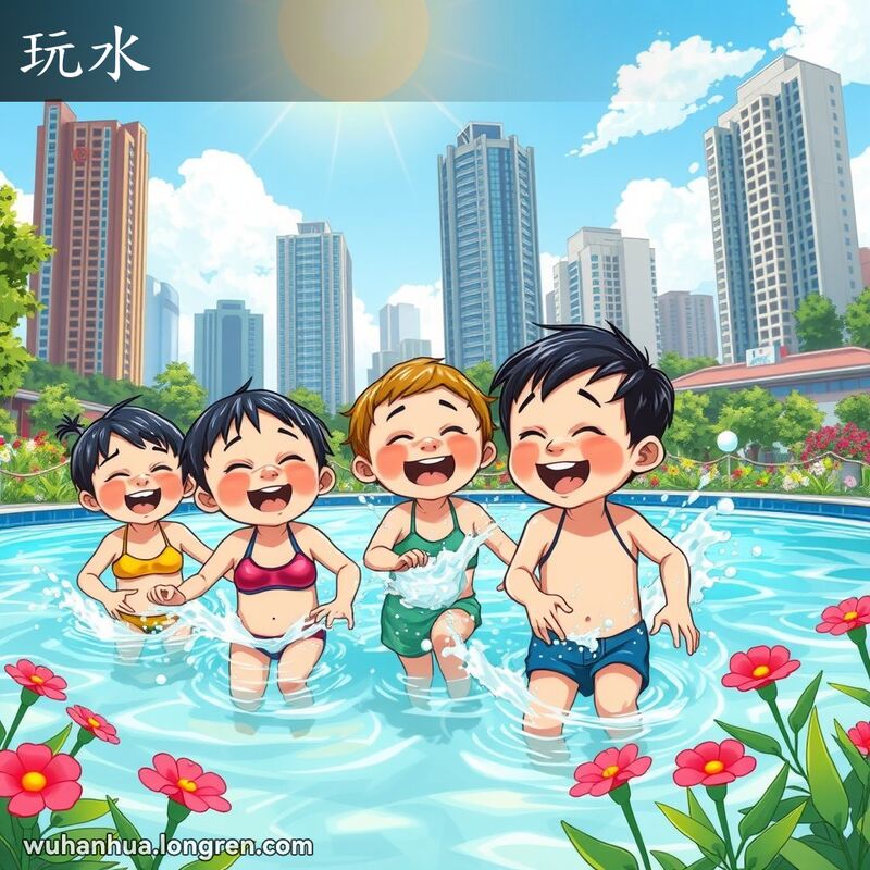 一群孩子在浅水池中嬉闹玩耍，背景是绿植和花朵，画面充满夏日的活力和欢乐。