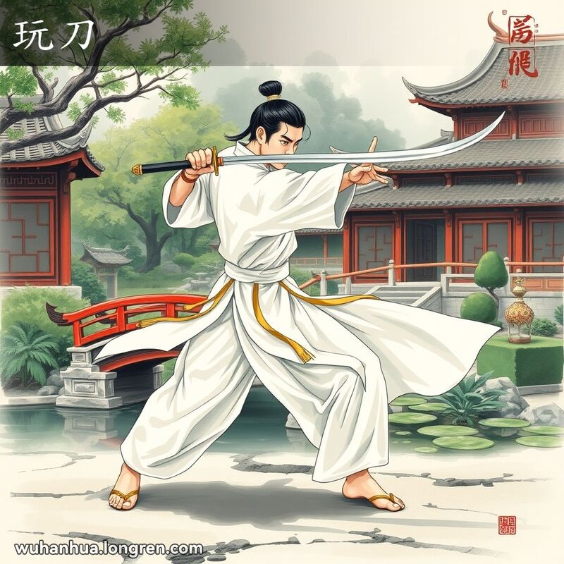 一位武术家在中国园林中表演剑舞，展示武汉方言“玩刀”的动感与美感