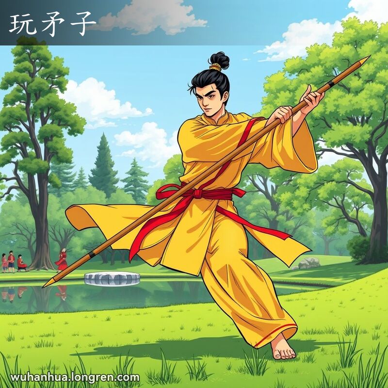 一位年轻武术家在公园中手持长矛表演武术动作，背景是宁静的湖泊和高大的树木