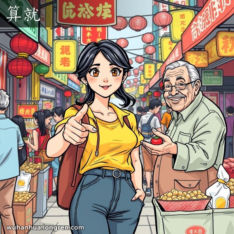 一位年轻女子在武汉街头市场中，自信地指着一个摊位，表情坚定，摊主友善地拿着小物品，背景是繁忙的市场。