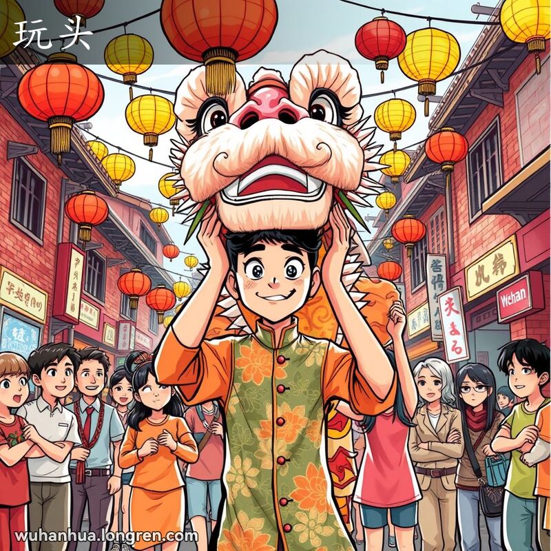 武汉街头龙灯舞表演，领舞者手持龙头，背景是传统建筑和装饰