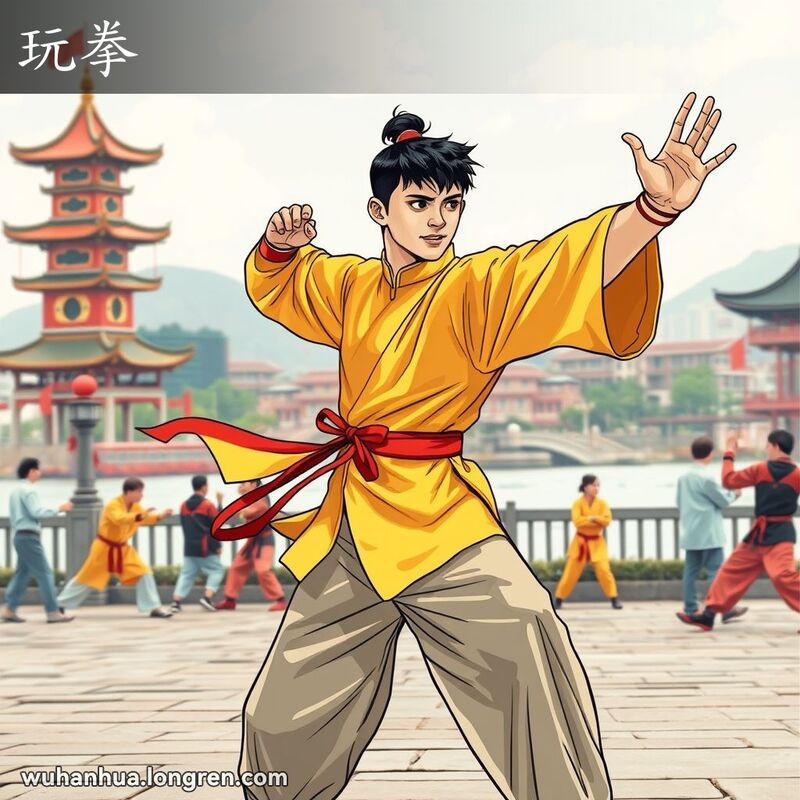 一位年轻的武汉市民在黄鹤楼和长江背景下练习武术动作，体现“玩拳”的意义
