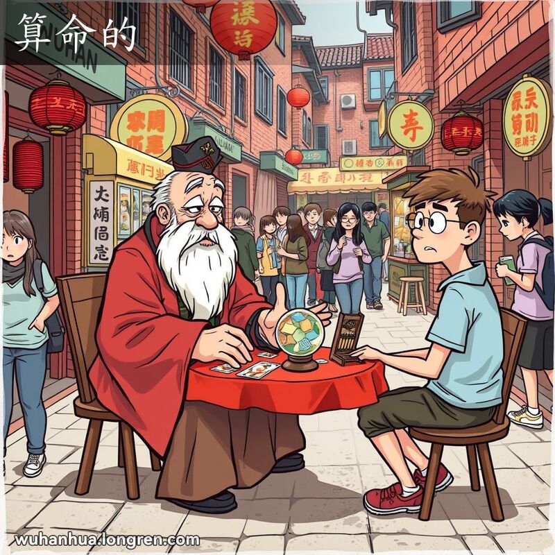 一位传统算命先生在武汉老街上摆摊，桌上有水晶球和塔罗牌，对面坐着一位好奇的年轻人，背景是热闹的老街景