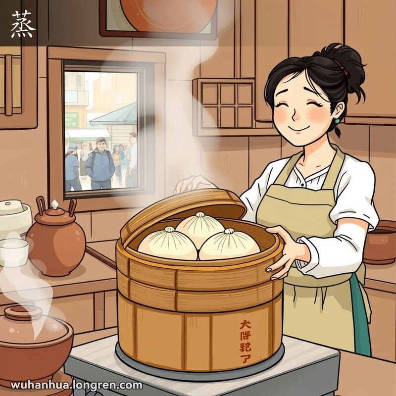 一位妇女在传统武汉厨房里揭开蒸笼，露出刚蒸好的馒头，背景是厨房和窗外的街道