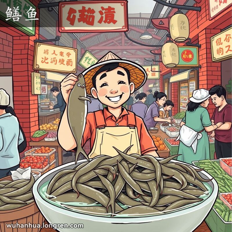 武汉市场上，摊贩展示活蹦乱跳的黄鳝，背景是热闹的市场场景