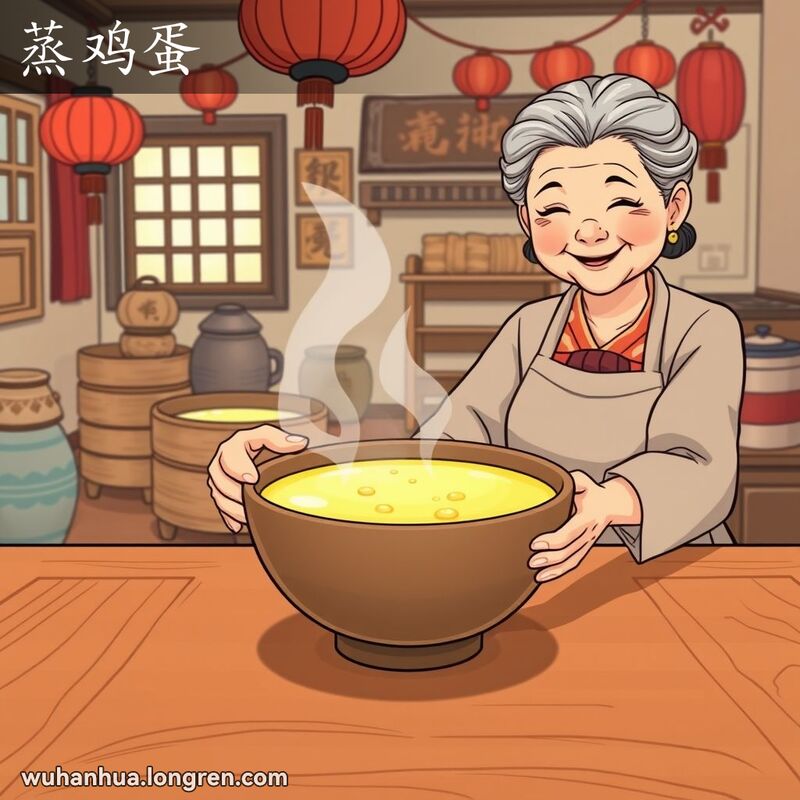 一位武汉奶奶在厨房里小心地端着一碗刚蒸好的鸡蛋羹，背景是温馨的家庭厨房