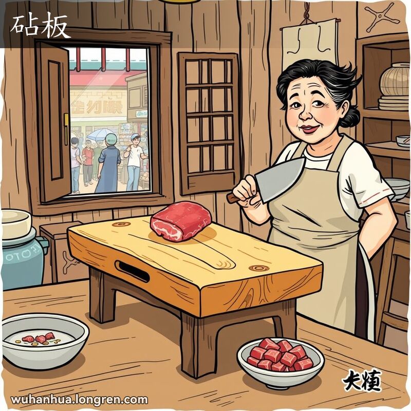 一位中年妇女在传统厨房中准备用砧板切肉，背景是繁忙的市场街道