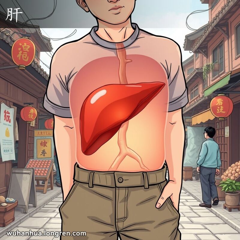 武汉市民腹腔内肝脏的半透明视图，背景是武汉传统街景