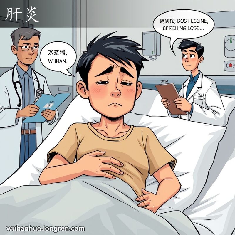 一位武汉市民在医院病床上，手捂腹部，面露痛苦和疲惫的表情，背景是医院环境，有医疗设备和医生。