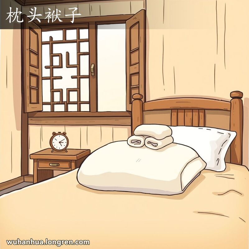 一个温馨的武汉传统风格卧室，床上铺着一条整洁的白色毛巾，盖在枕头上，展示了“枕头袱子”的用途。