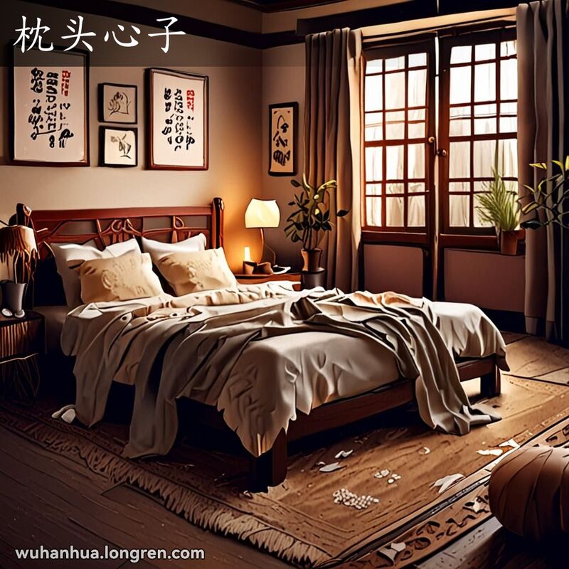 温馨卧室中，枕头枕套打开，露出内部填充的芦花、木棉和糠壳，展示“枕头心子”的含义。