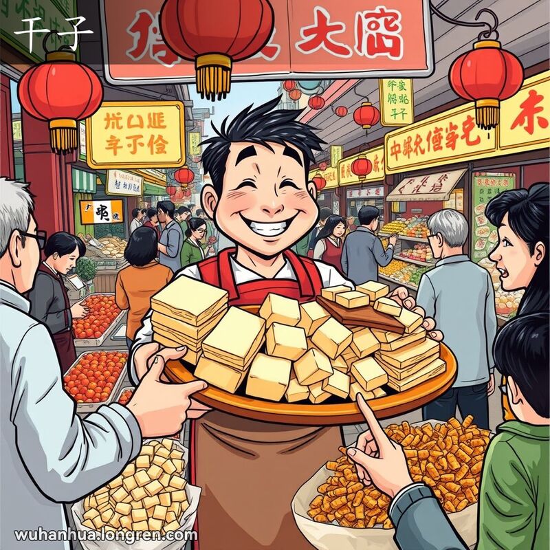 武汉传统街市摊位售卖各种干子，摊主手持托盘，顾客围绕选购，背景有其他摊位