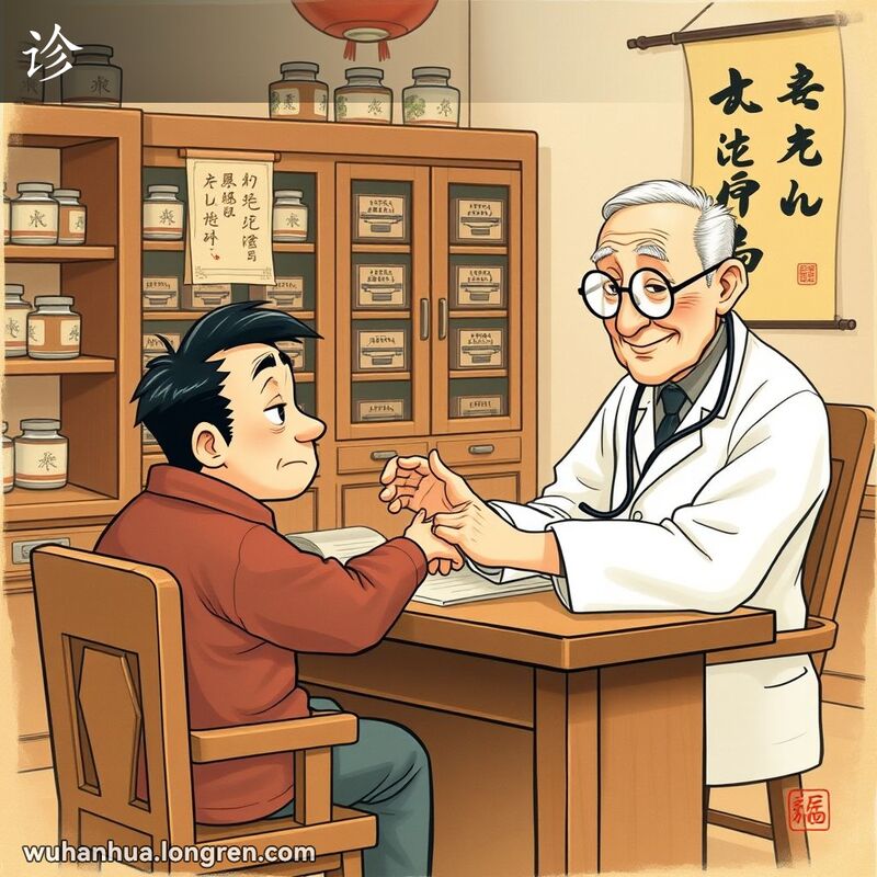 中医医生在诊所中为病人把脉，病人面带忧虑但充满希望，背景有中药柜和书法挂轴