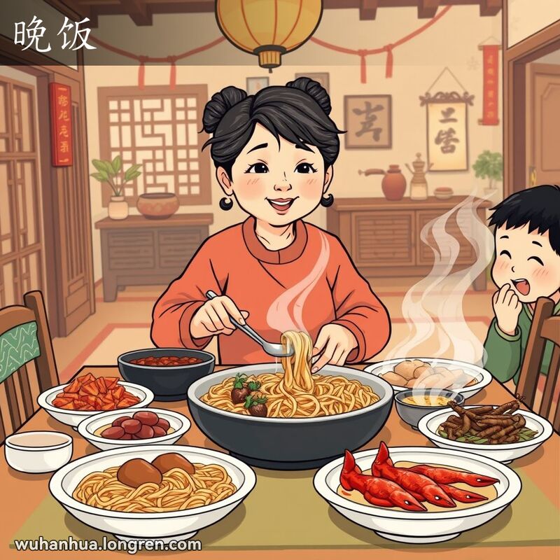 一位中年妇女在武汉家庭晚餐桌前摆放热气腾腾的饭菜，背景是温馨的家庭环境