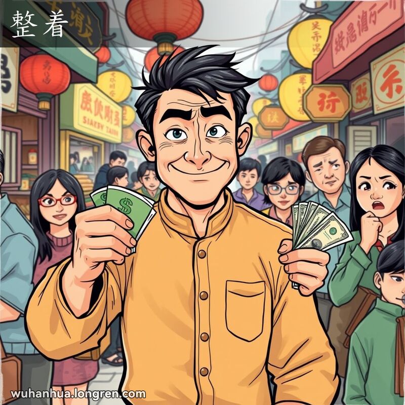 一个狡猾的男子在武汉市场中手持钞票，向一群无奈的人索取财物，背景是繁忙的市场。