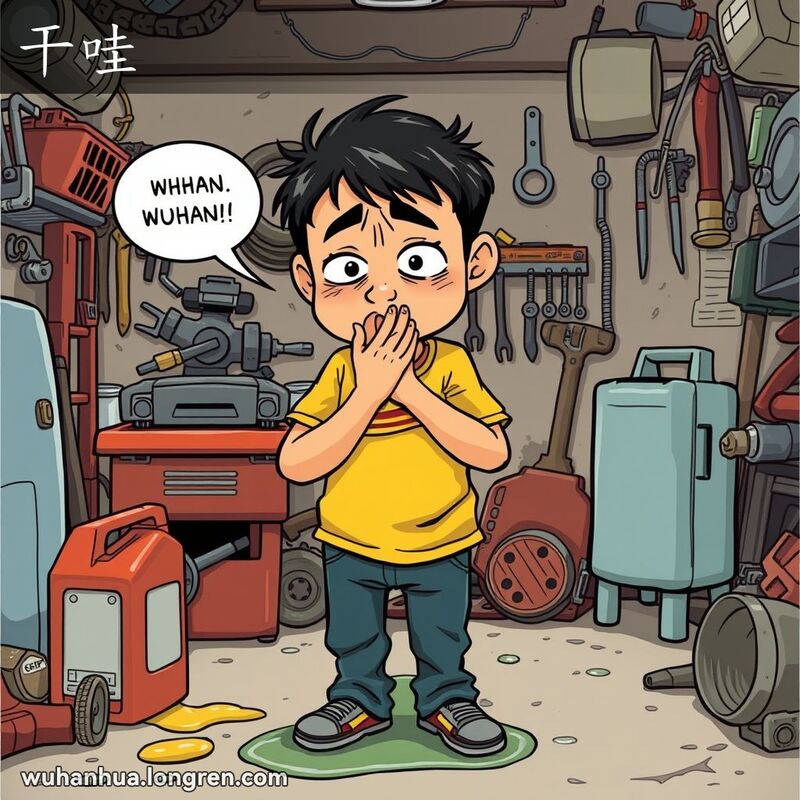 一位武汉市民在车库中，闻到汽油味感到恶心，表现出“干哇”的状态。