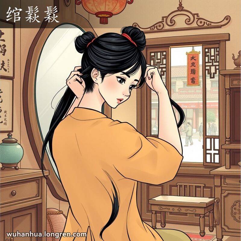 一位武汉女子坐在镜前，专注地将长发盘成发髻，房间内布置着古典家具和传统装饰，窗外可见武汉街景