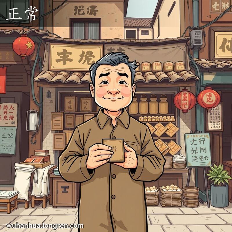 一位中年男子站在武汉老街小店前，手持高质量商品，表情严肃诚实，背景是整齐排列的商品和传统街景