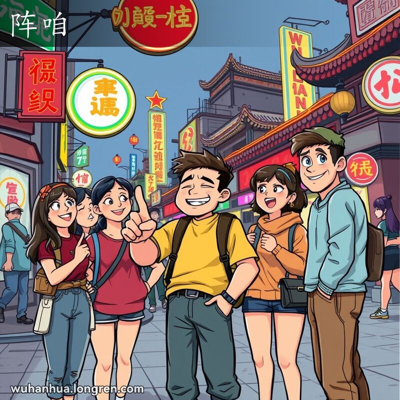 一群武汉朋友站在街角，一人指着手表，其他人点头，准备一起行动，背景是霓虹灯和传统建筑