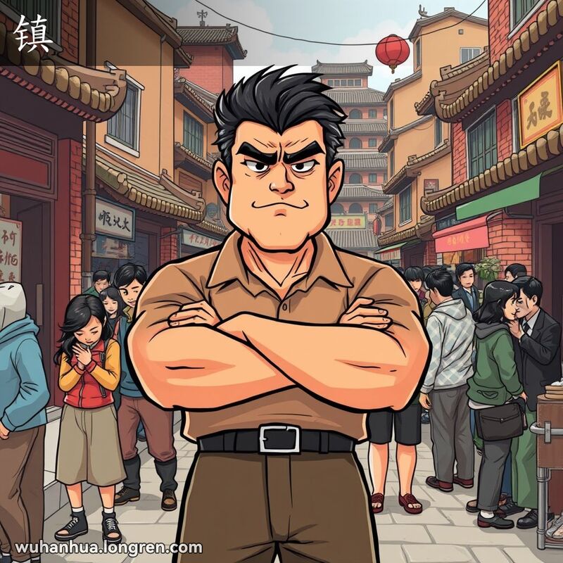 一位威严的男子站在武汉老街市场前，背后是一群被他震慑住的人，画面充满地方文化元素。