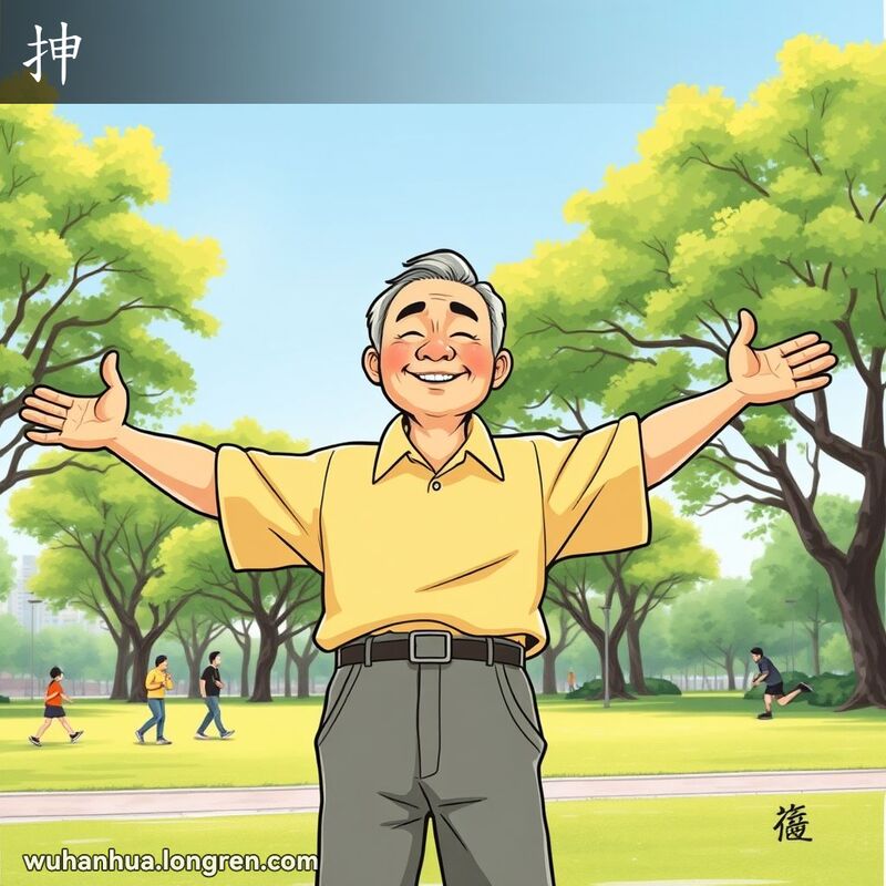 一位中年男子在武汉公园里做伸展运动，背景是绿树和晴朗的蓝天