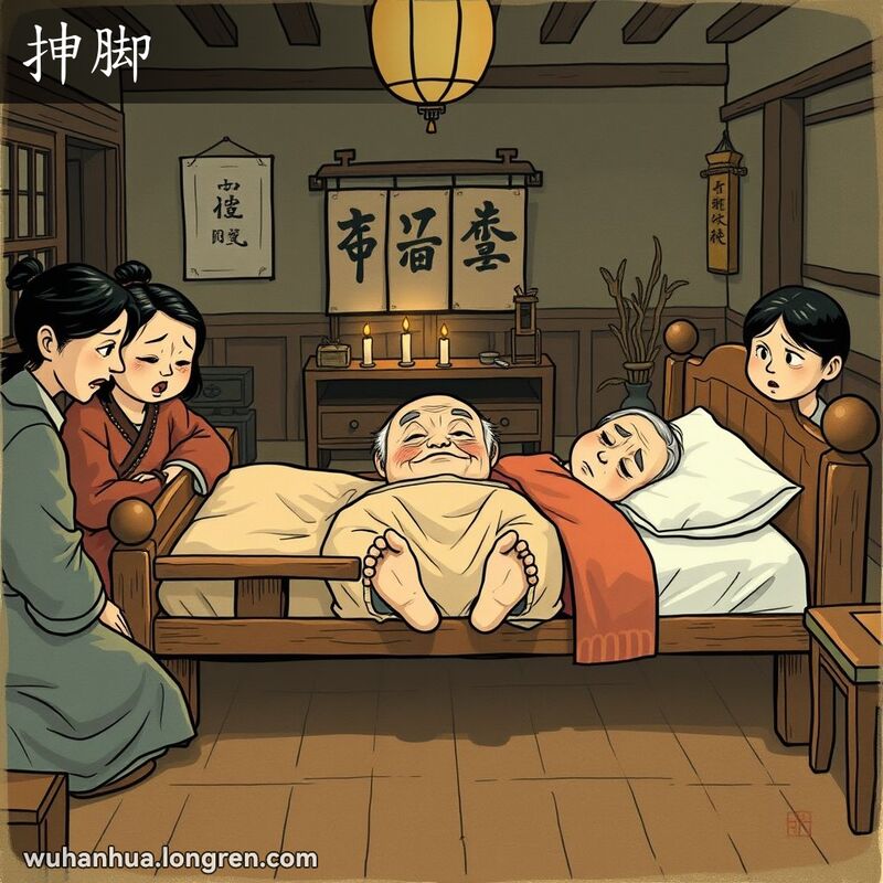 一位老人躺在传统中式木床上，家人围绕在旁边，老人双脚微微伸直，暗示已经去世，房间昏暗，点着几支蜡烛，装饰和家具都是传统中式风格