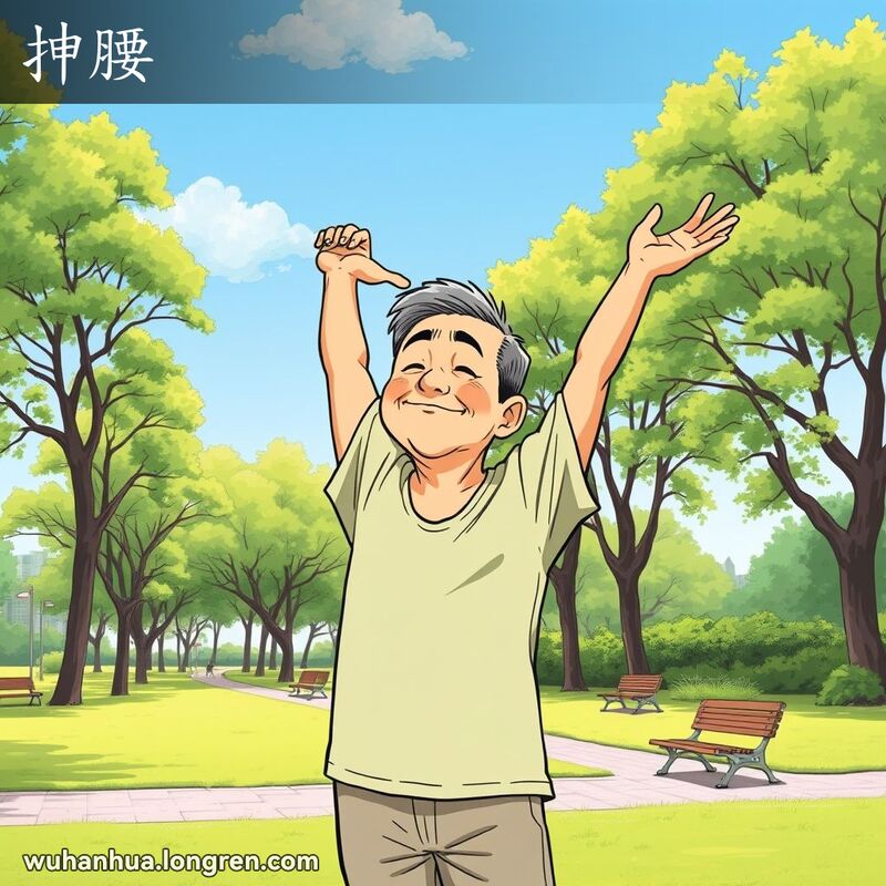 一位中年男子在公园里伸展腰部，双臂高举，身体微微后弯，背景是绿树成荫的公园景色