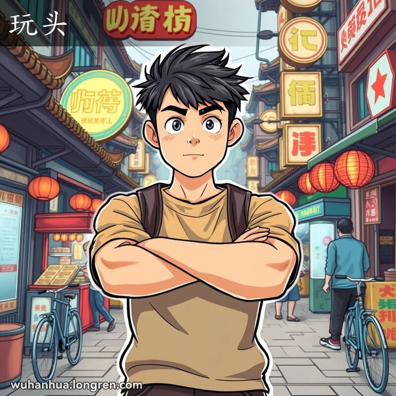 一位武汉年轻人双臂交叉，神情坚定无畏，站在繁忙的武汉街头，背景是传统建筑和小摊贩