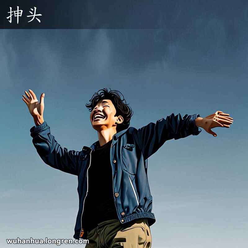 一位武汉市民在明亮的开放空间中，双臂张开，头向后仰，仰望天空，脸上露出大大的笑容，表现出极大的解脱和自由感，背景是晴朗的蓝天和几朵白云。