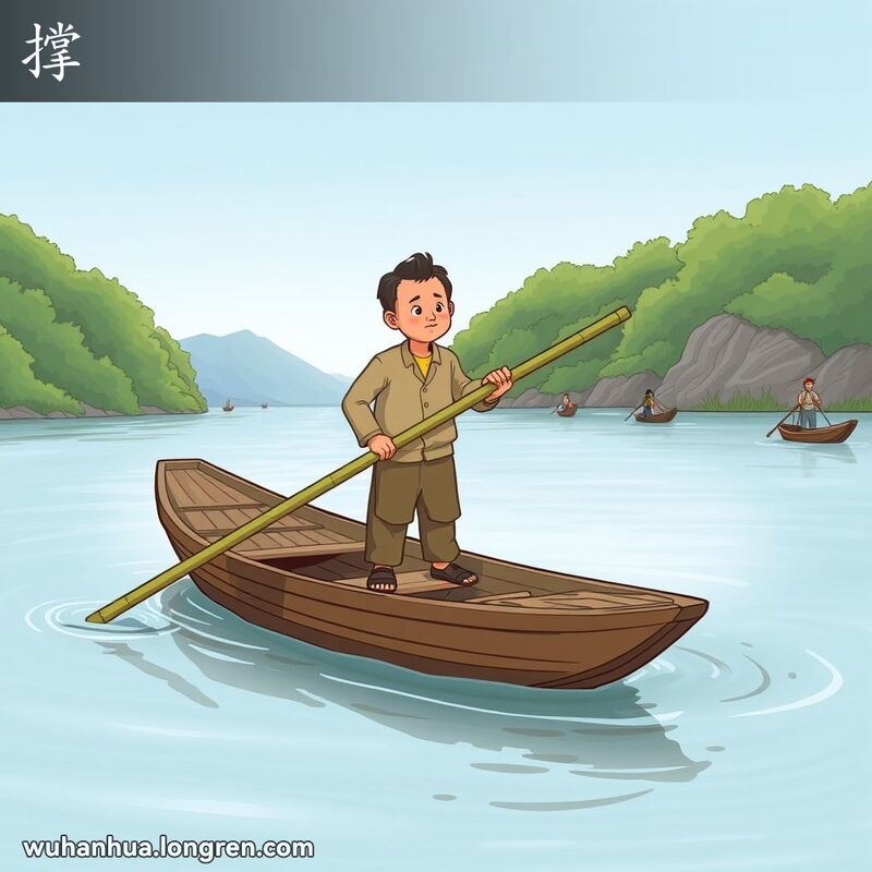 一位武汉当地人在河上用竹篙推动木船前进，背景是绿意盎然的河岸和晴朗的蓝天