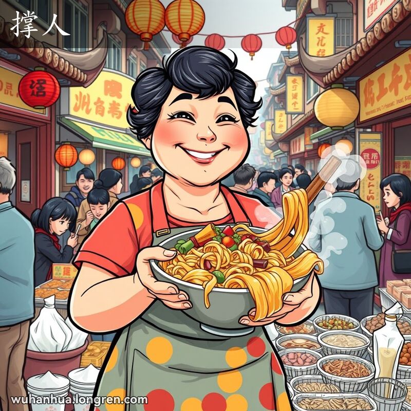 一位武汉女摊主手持一碗满溢的热面，面带自豪和满足的表情，背景是繁忙的武汉街头