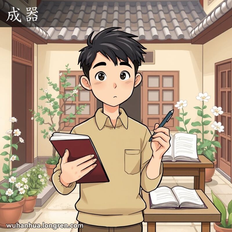一位武汉青年在传统庭院中专注读书，背景是开满鲜花的小花园和书桌，表现“成器”的精神