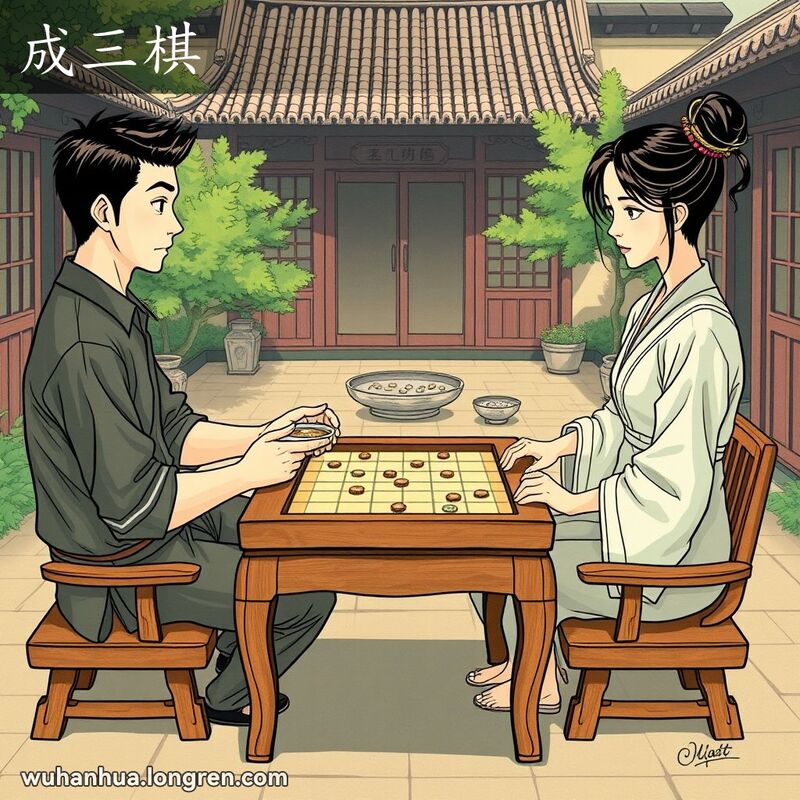 两位棋手在庭院中对弈成三棋，棋盘为三层方格，背景是传统中国建筑和绿植