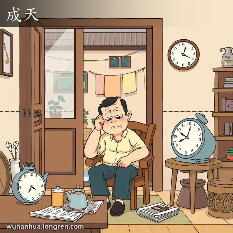 一位男子坐在家中，手托着头，显得疲惫和无聊，周围是日常用品，背景是小院子，象征着整天的生活场景。