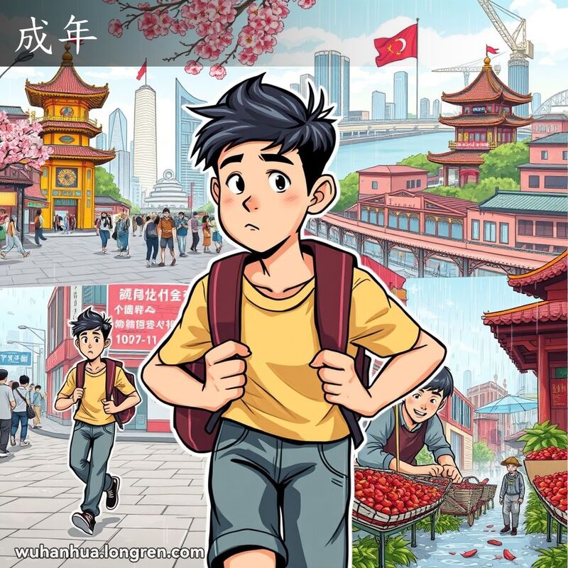 一位武汉年轻人在一年中的各种忙碌场景，背景是武汉的地标和四季变化