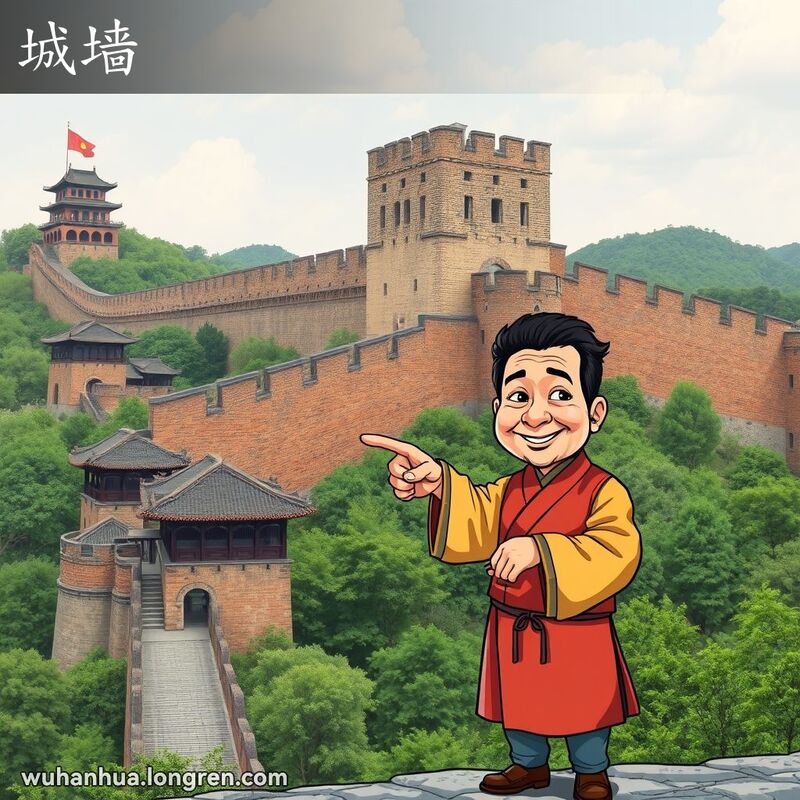 武汉古城墙高大厚实，背景是传统建筑和绿植，前景中一位居民指着城墙，表情夸张。