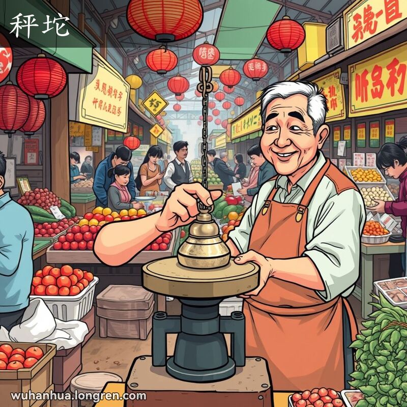 武汉传统市场中，摊贩使用老式杆秤称重，秤杆上有一个小而重的金属秤砣，背景是热闹的市场场景。
