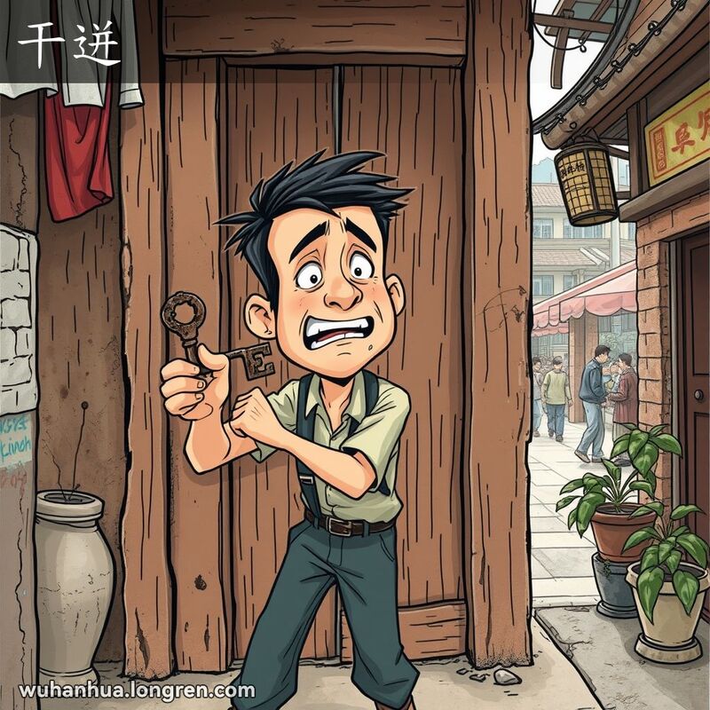 一位武汉年轻人在老巷子里试图打开一扇干裂的木门，背景有晾晒的衣物和盆栽。