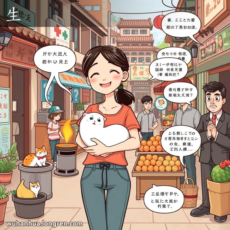 武汉街头，年轻女子抱着新生儿站在医院前，背景有猫生小猫、小贩点火、未成熟的西瓜、新员工迷茫和严肃男子说话的场景。