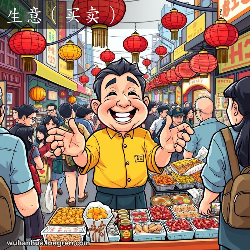 武汉街头市场，店主在摊位前热情招呼顾客，背景是繁忙的市场景象