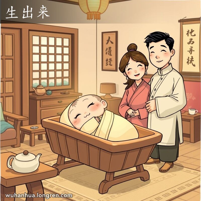 一个健康的婴儿躺在摇篮中，父母站在一旁，背景是传统武汉家庭场景